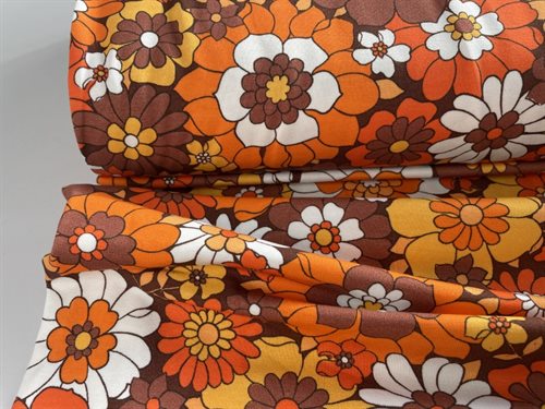 Bomuldsjersey - retro blomster i orange toner